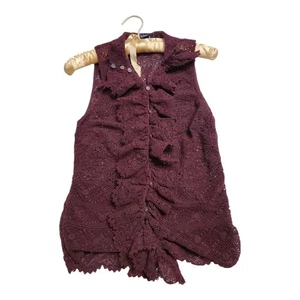 Ralph Lauren Crochet Suéter Chaleco Cuello Alto Volantes Algodón Medio Tejido Abierto  - Imagen 1 de 8