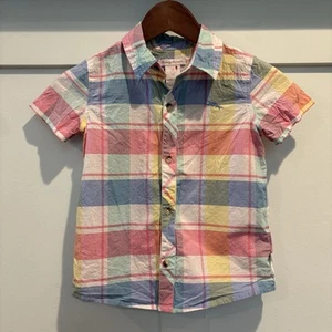 Tommy Bahama Boys Short Sleeve Button Shirt Size 5 Yellow Blue Pink Plaid Beach - Picture 1 of 13