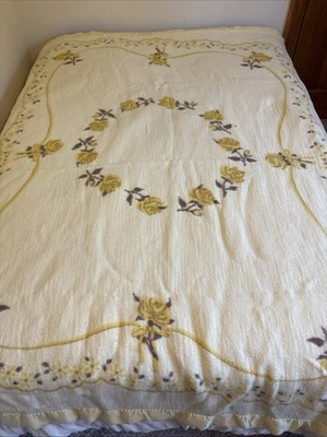 Vintage Acrylic Yellow Floral Blanket 68x84 Satin Trim Super Soft Warm - Image 1 of 4
