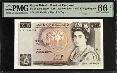 GREAT BRITAIN ND (1975-80) 10 POUNDS NOTE, P-379a, PMG GEM UNC 66 EPQ - Image 1 of 2