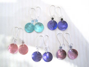 SHELL DISC Beaded pair of SP Long Drop Earrings Choice Mother of Pearl Like Pink - Picture 1 of 12