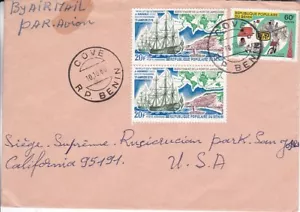 1980 Benin #446,#C288(2) on cover Cove to US;ship,map,bicycle,postal service *d - Picture 1 of 2