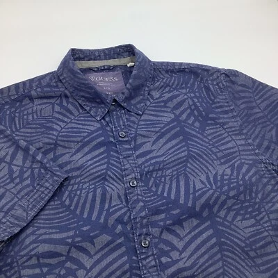 Guess Mens Slim Fit Short Sleeve Button Up Shirt Blue Palm Design Size Large - Image 1 of 4
