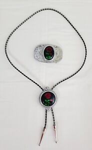 Bolo Tie and Matching Belt Buckle Red Rose