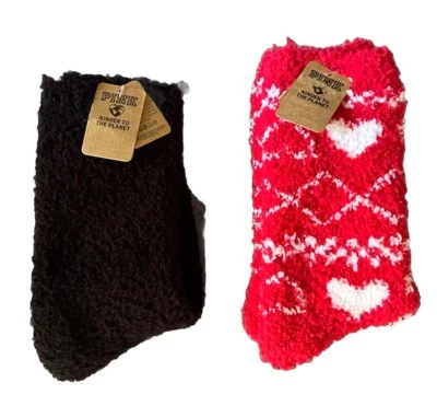 Victoria's Secret PINK 2 Fuzzy Socks Red Hearts & Plain Black One Size OSFM NEW - Image 1 of 4