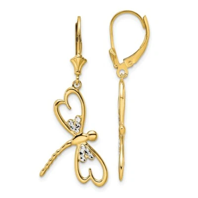Real 14kt & White Rhodium Diamond Cut Dragonfly Leverback Earrings - Image 1 of 4
