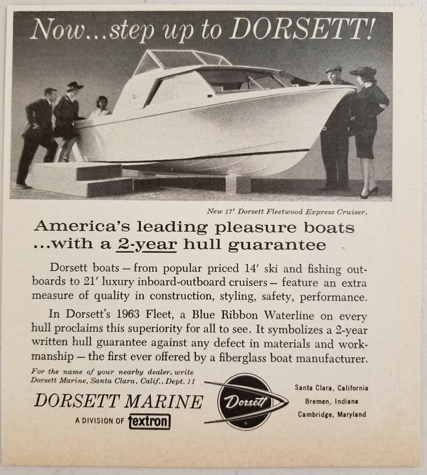 Anuncio impreso Dorsett 1963 17' Fleetwood Express Cruiser Boats Blue Ribbon Waterline Foto 1 de 1