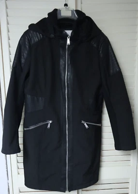 Abrigo BCBG Generation Talla Grande Negro Imitación Cuero Acentos, Capucha Desmontable Invierno Foto 1 de 4