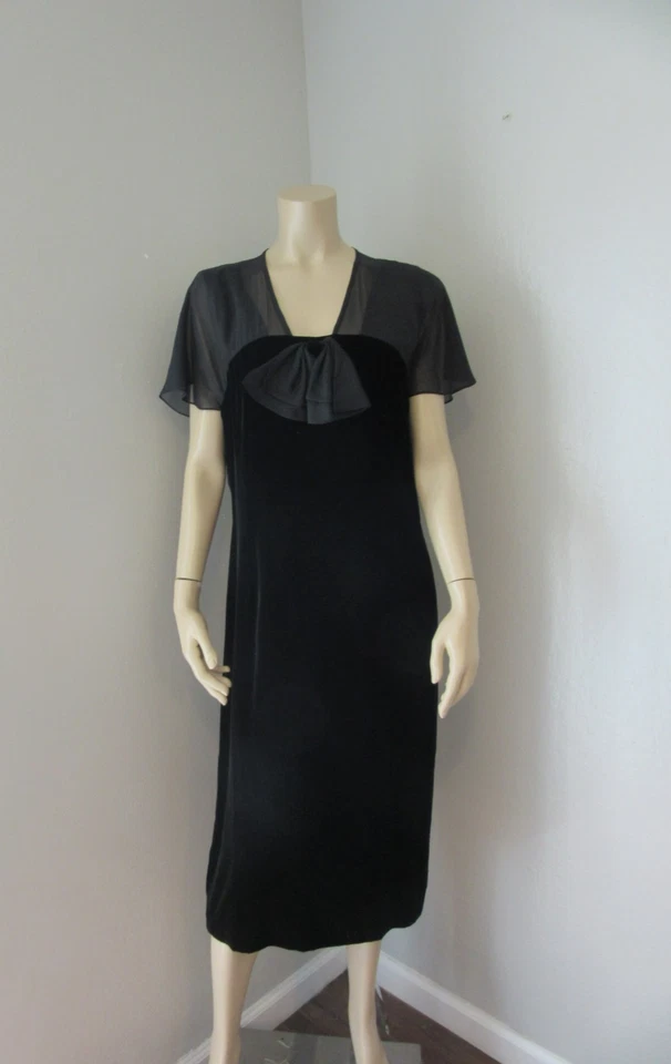 CHARTER CLUB Black Short Sleeve Size 14 Velour & Sheer Evening Midi Dress - Image 1 of 4