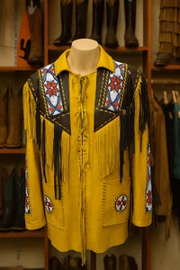 White Leather Fringe Jacket Western Cowboy Native Style Beaded Coat Unisex - Picture 1 of 3