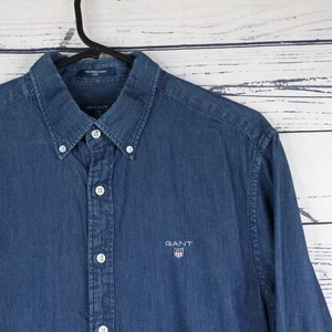 Gant Indigo Oxford Shirt Mens L Blue Single Pocket Logo Button Up Long Sleeve - Picture 1 of 11
