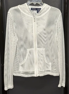 Catalina White Mesh Zip Up Hooded Jacket Coverup Gr. L Sheer Beach Swim 90’s Y2K - Bild 1 von 5
