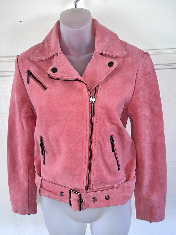 Kenneth Cole Cabra Gamuza Coral Rosa Pintado Cuero Chaqueta Moto Motocicleta Talla XS Foto 1 de 4