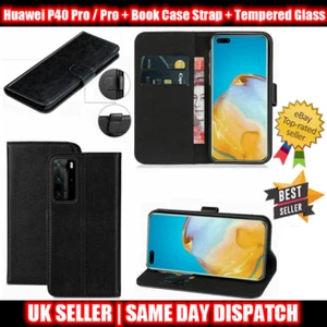 Huwei P40 Pro / Pro+ Leather Flip Wallet Book Case Strap + Tempered Glass  - Picture 1 of 3
