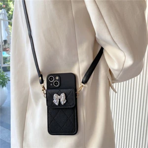 For iPhone Samsung Huawei Crossbody Lanyard Bowknot Card Wallet Case Phone Cover - Picture 1 of 11