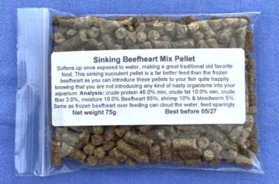 PLYMOUTH DISCUS PRODUCTS. Beefheart fish food pellet for discus & tropical aquarium fish beef heart 75g.