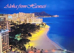 Carte postale voeux d'Hawaï non postée Fort DeRussy vue nocturne plage NEUF - Photo 1/2