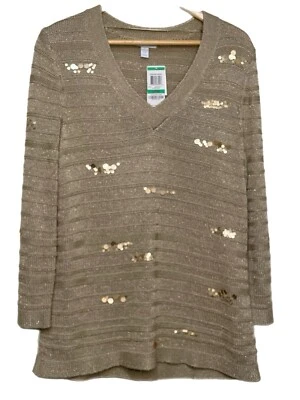 Suéter Charter Club Para Mujer Grande Caqui Cuello en V Tejido con Cable Lentejuelas Dorado Brillante Foto 1 de 4