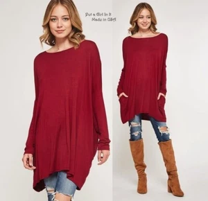 USA New PLUS SIZE Womens BURGUNDY SLOUCHY LONG SLEEVE SHIRT TUNIC POCKETS 1X 2X - Picture 1 of 6