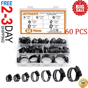 60Pcs Hose Clamp Set Black Stainless Steel Adjustable Worm Gear Clamps Universal - Picture 1 of 7