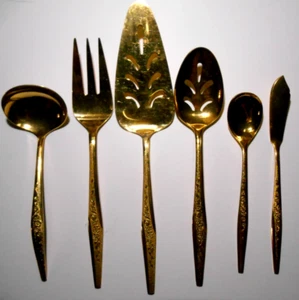 LOT of 6 - Vintage Golden Bouquet Gold Serving Set Fork Spoon Ladle Pie Cake - Picture 1 of 9