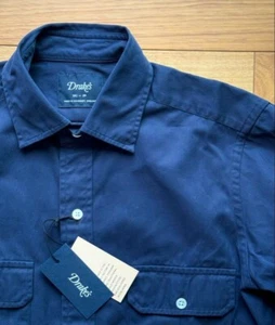 Camisa de Trabajo Drake's Algodón Azul Marino Talla 39,M Cuello Regular Hecha en Inglaterra - Imagen 1 de 10