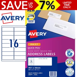 NEW IN PACK 50x Sheets WHITE Avery Inkjet Address Ship 16UP Labels J8162 936045 - Bild 1 von 3