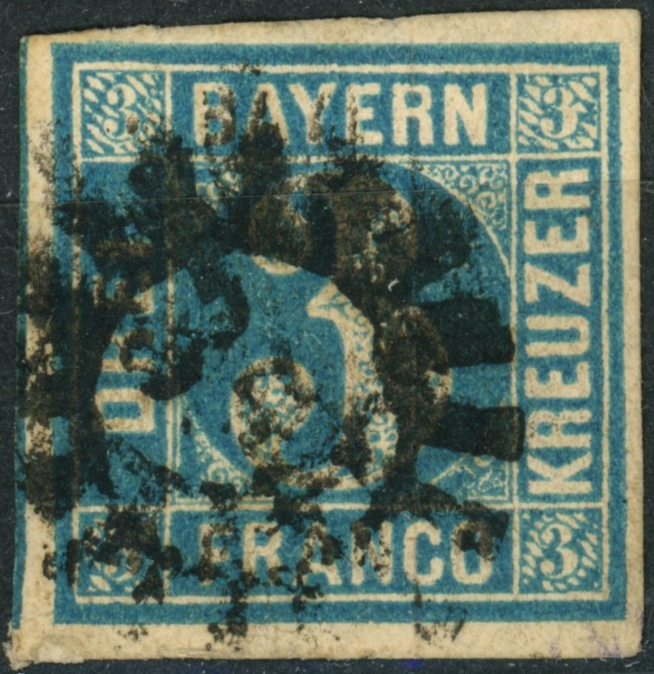 Bavaria 1849 #2 3kr blue, numeral. used - Image 1 of 1