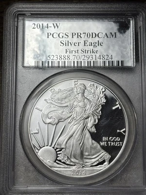 2014-W Proof $1 PCGS PR-70 DCAM 1oz American Silver Eagle First Strike Spots - Image 1 of 3