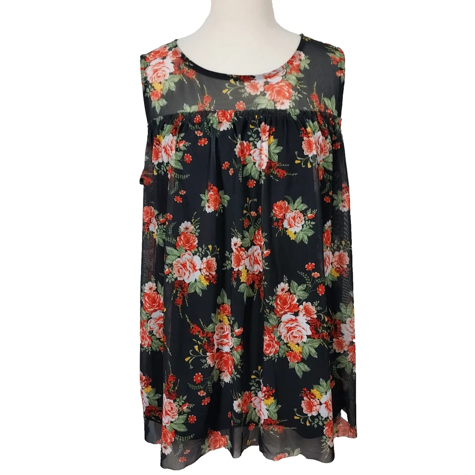 Camisa Top Floral Romántica Boobie Brooks Superposición de Malla Transparente Elastizada Mujeres Plus 1X Foto 1 de 4