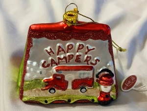 Mundgeblasenes Glas Happy Campers Weihnachtsschmuck Zelt Camper Neu mit Etikett - Bild 1 von 9