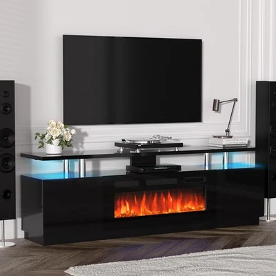 70 In 2 Tier TV Console Stand Cabinet With 36 In Electric Fireplace Heater Black - Image 1 of 4