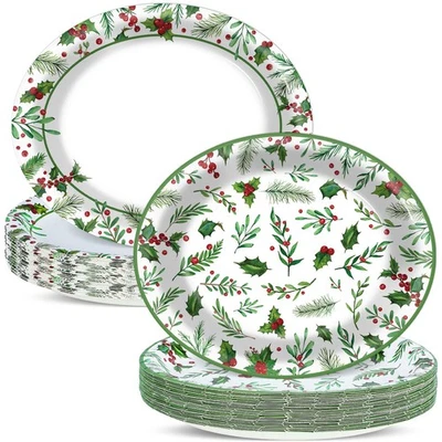 50Pcs Christmas Oval Plates Christmas Seasonal Holly Paper Plates 9.4 * 11.6i... - Image 1 of 4