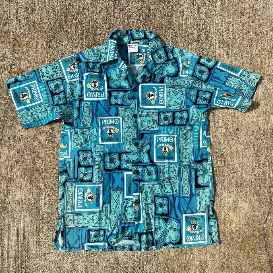 Camisa hawaiana vintage años 90 Go Barefoot Primo cerveza abotonada talla S Foto 1 de 3