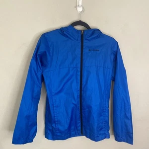 Columbia Boys Blue Omni Shield Raincoat L Hooded Pockets - Picture 1 of 19