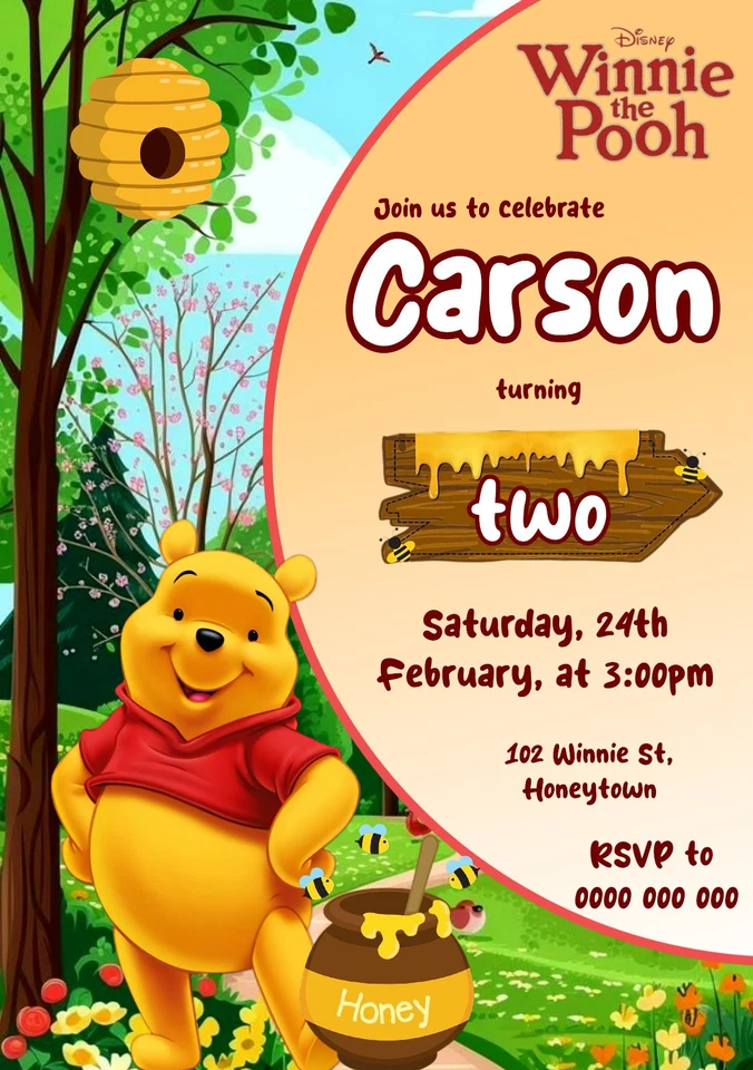 YOU PRINT Birthday Invitations Personalised DIGITAL FILE Winnie the Pooh - Image 1 of 1
