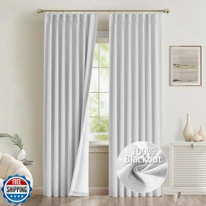 White Linen Pinch Pleated Curtains 96 inches Long 2 Panels 100% Blackout Line - Picture 1 of 5