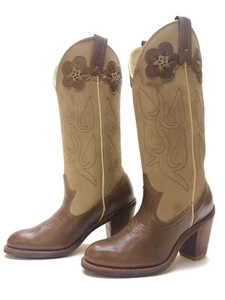 Mujeres Acme De Colección Tacón Apilado Marrón/Tostado Floral Cuero Vaquero Botas del Oeste Talla 5M - Imagen 1 de 12