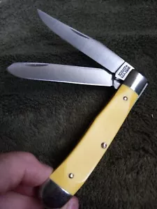VINTAGE SCHRADE+ USA 296SC YELLOW TRAPPER POCKETKNIFE w/Brushed SATIN BLADES - Picture 1 of 8