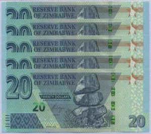 Zimbabwe 20 Dollari 2020 P 104 UNC LOTTO 5 PEZZI NR - Foto 1 di 4
