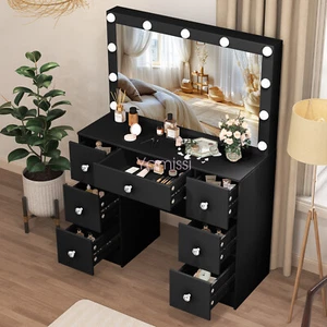 Black Dressing Table with 7 Slide Drawers and 11 LED Mirror Vanity Desk Dresser - Picture 1 of 15