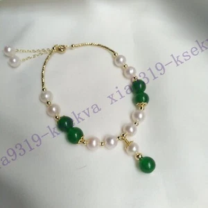7.5"-8" Adorable Design AAA+ South Sea White Pearl&Green Jade Bracelet 14kG P - Picture 1 of 7