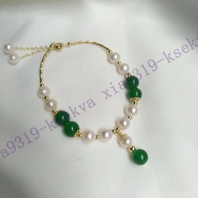 7.5"-8" Adorable Design AAA+ South Sea White Pearl&Green Jade Bracelet 14kG P - Image 1 of 4