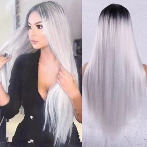 Wig Long Straight Black Blue Synthetic Wigs for Women Natural Middle - Picture 1 of 34