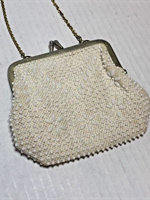 Antique KissLock Beaded Evening Hand Bag White with Gold Chain  5"x4" - Image 1 of 4