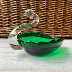 Vintage Green Glass Swan Dish Candy Bon Bon Trinket Decorative Figure - Picture 1 of 11