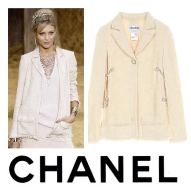 Chaqueta Larga 6K Chanel 2010 Jennie Blanco Tweed Cadena 38 40 42 6 8 10 Abrigo Top M L Foto 1 de 4