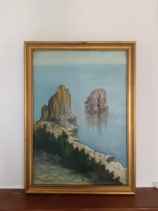 Scuola Italiana XX Secolo, "Faraglioni di Capri" dipinto olio su masonite - Foto 1 di 11