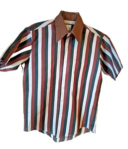 VINTAGE KMART BROWN GREEN WHITE WIDE STRIPE BIG COLLAR MADE IN USA 70'S RETRO - Picture 1 of 4
