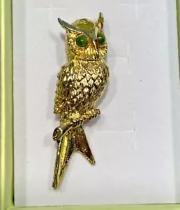 Vintage Sterling Silver .925 A.C. Vermeil Gold Owl Green Jade Eyes Brooch Pin 1/ - Picture 1 of 6